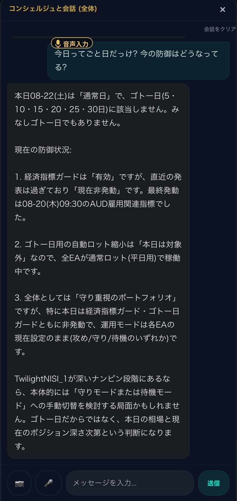 音声入力でゴトー日と防御状況を質問し、AIコンシェルジュが回答している実際の画面
